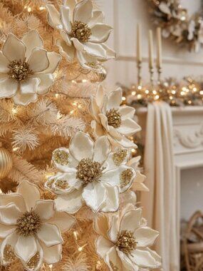 Ivory and Gold Jeweled Magnolia Stem, Christmas Decor Wreath Decoration